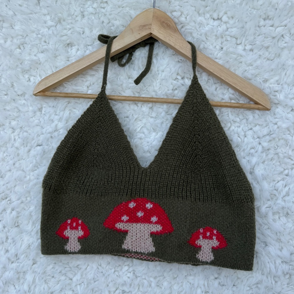 Red Mushrooms Knit Sweater Halter Top Olive Green Crop Size Large Fairycore y2K - Picture 1 of 7